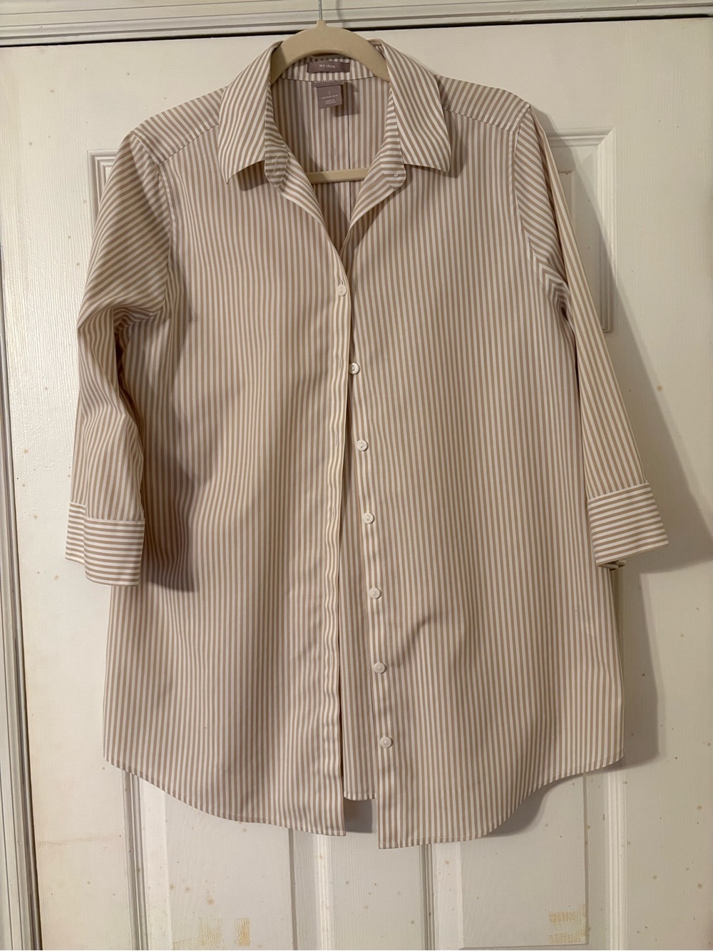 Chico's Beige and White Striped Button-Front Shirt
